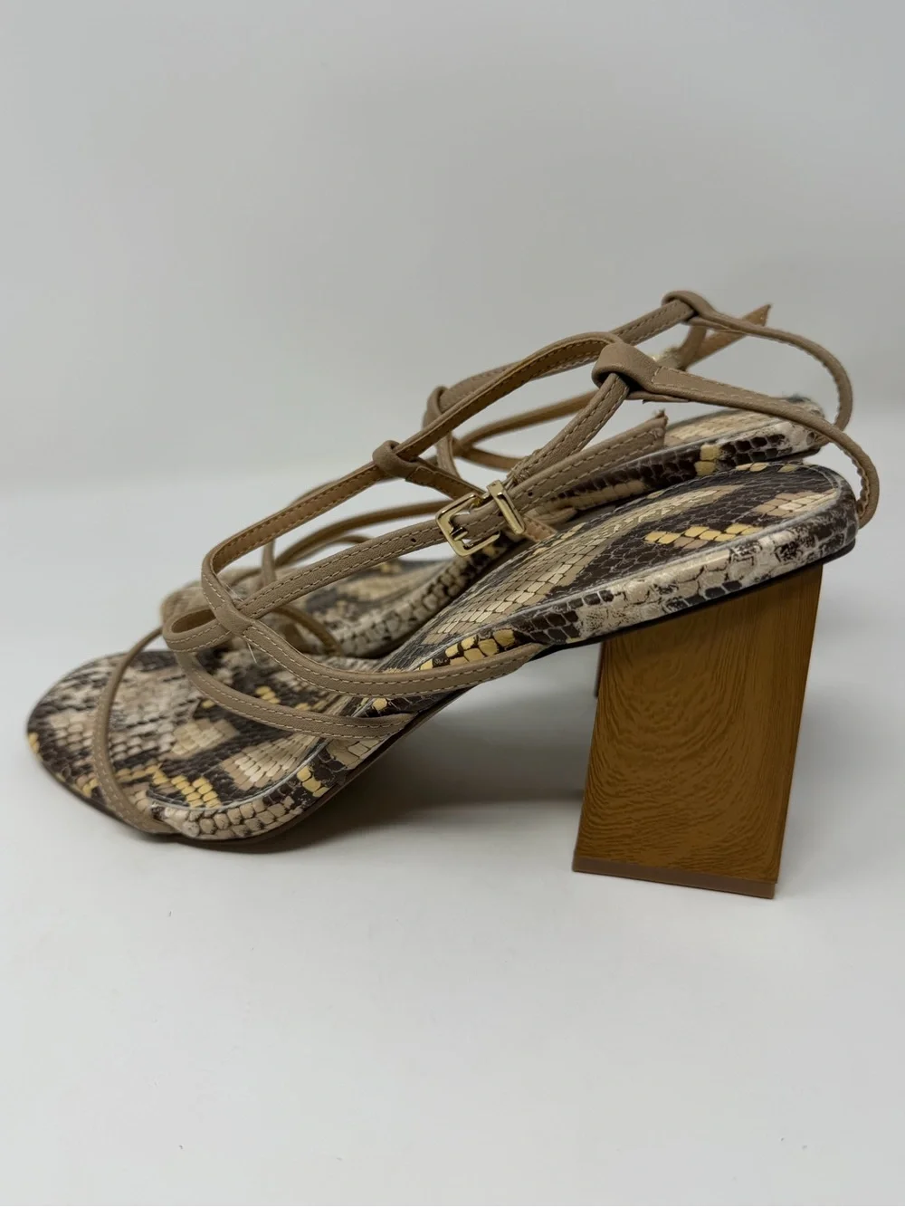 Women's Express Taupe Snakeskin Print Strappy Block Heel Sandals